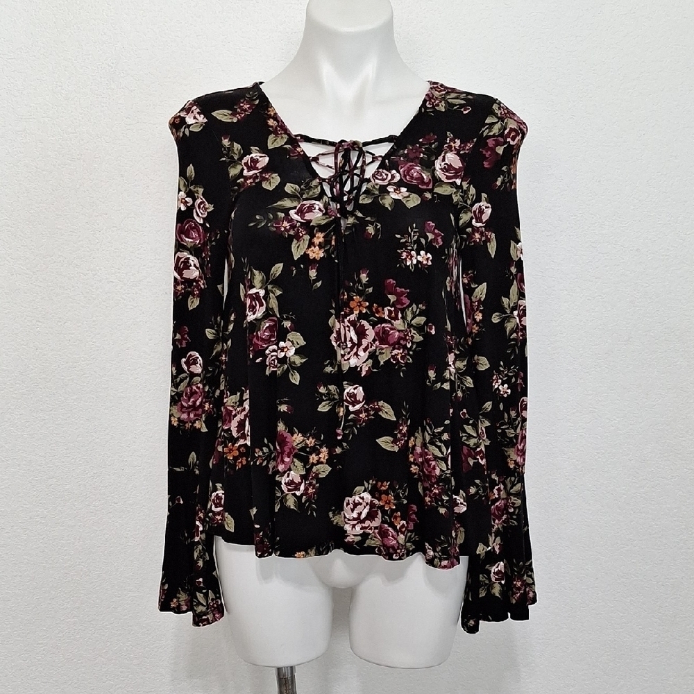 Altar'd State Black Multicolor Floral Lace Up Bell Sleeve Romantic Top Size XS